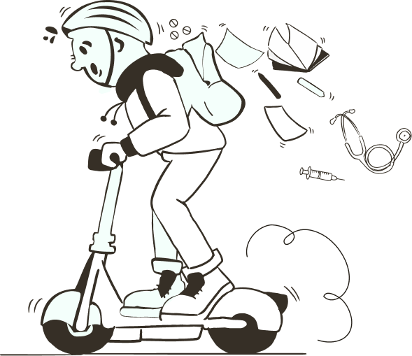 Illustration of a med student overwhelmed by scattered study tools